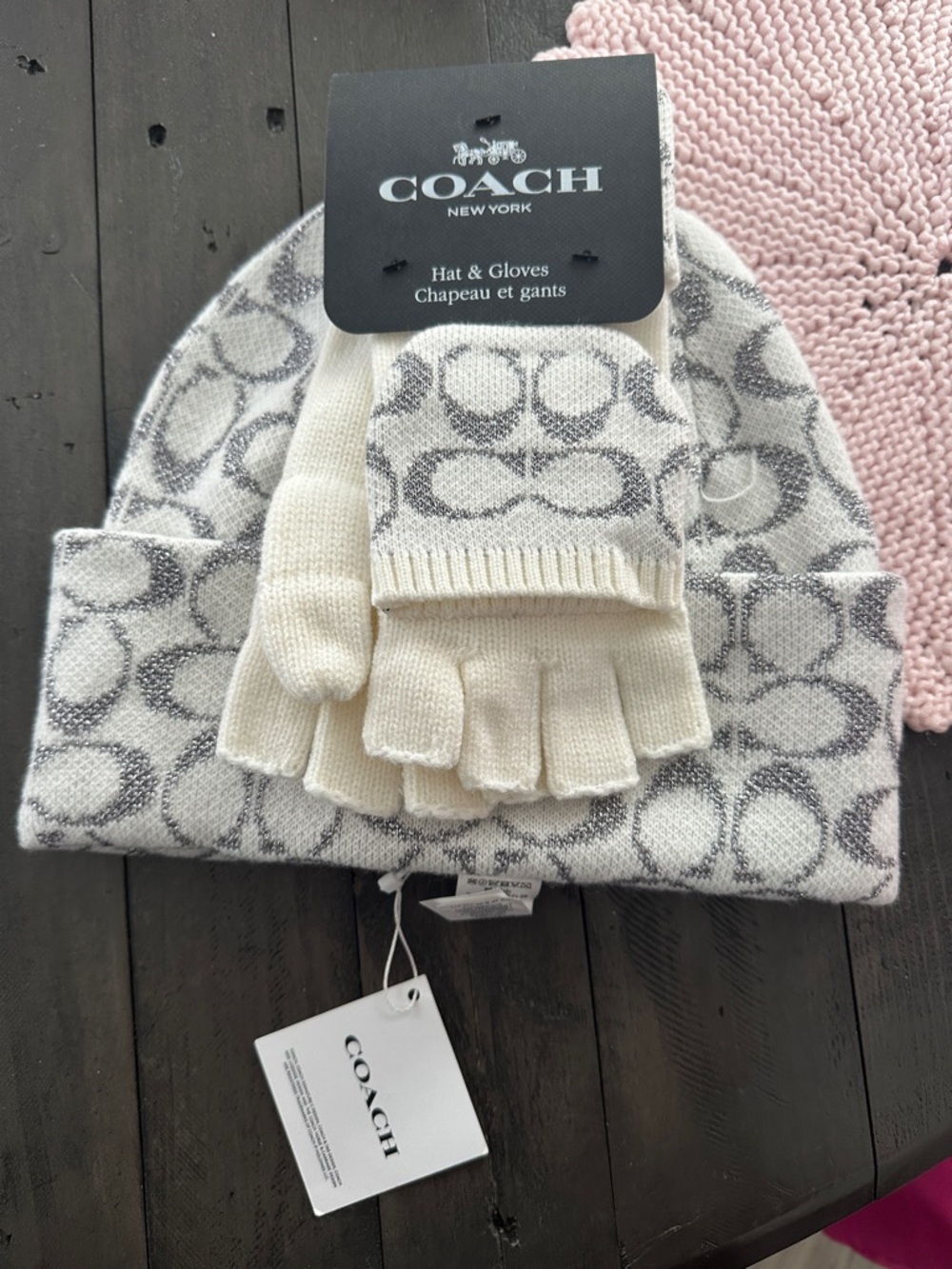 COACH Cream & Gray Signature Knit Beanie and Fingerless Gloves